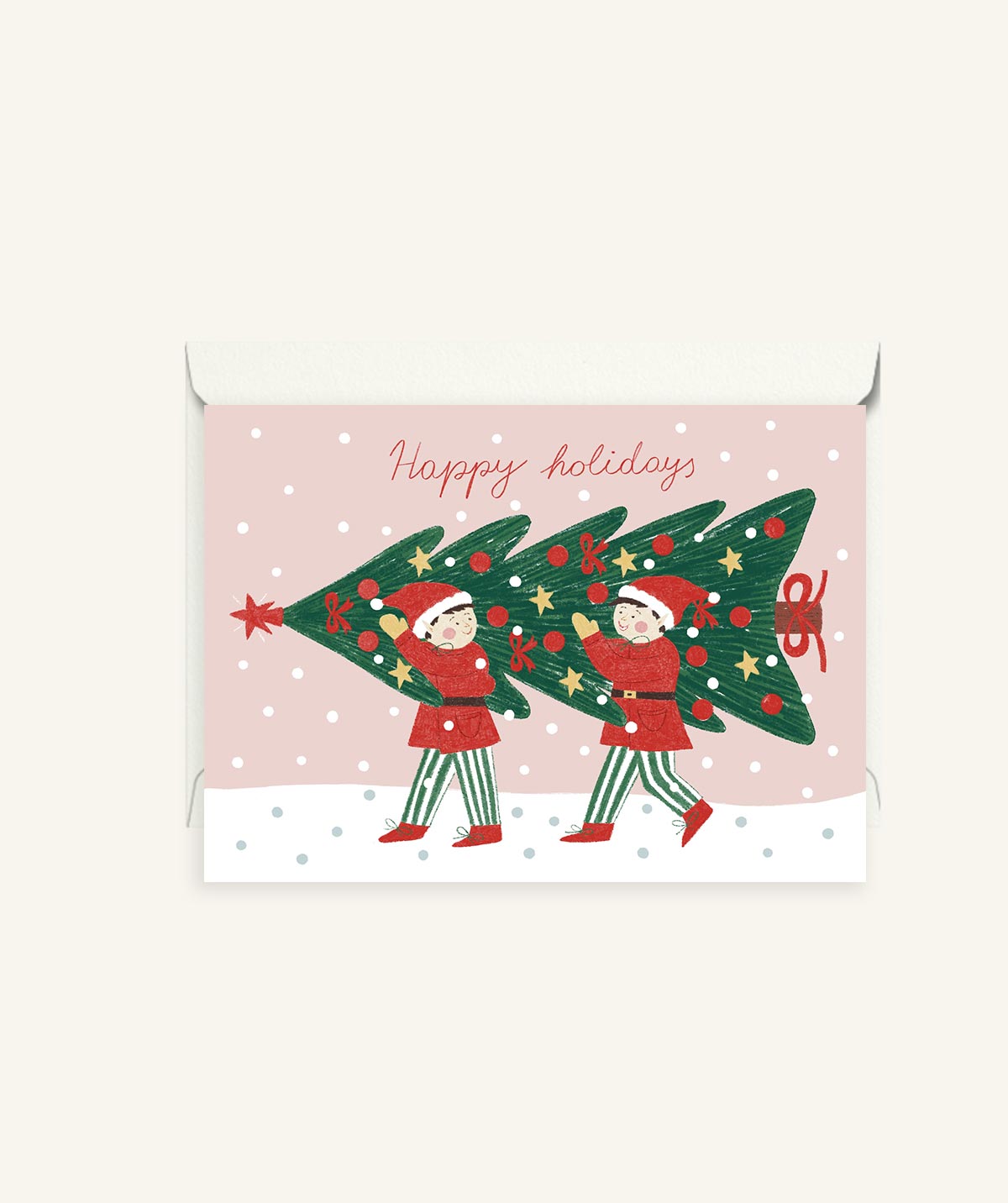 Two Elves Carrying a Christmas Tree | Christmas Card